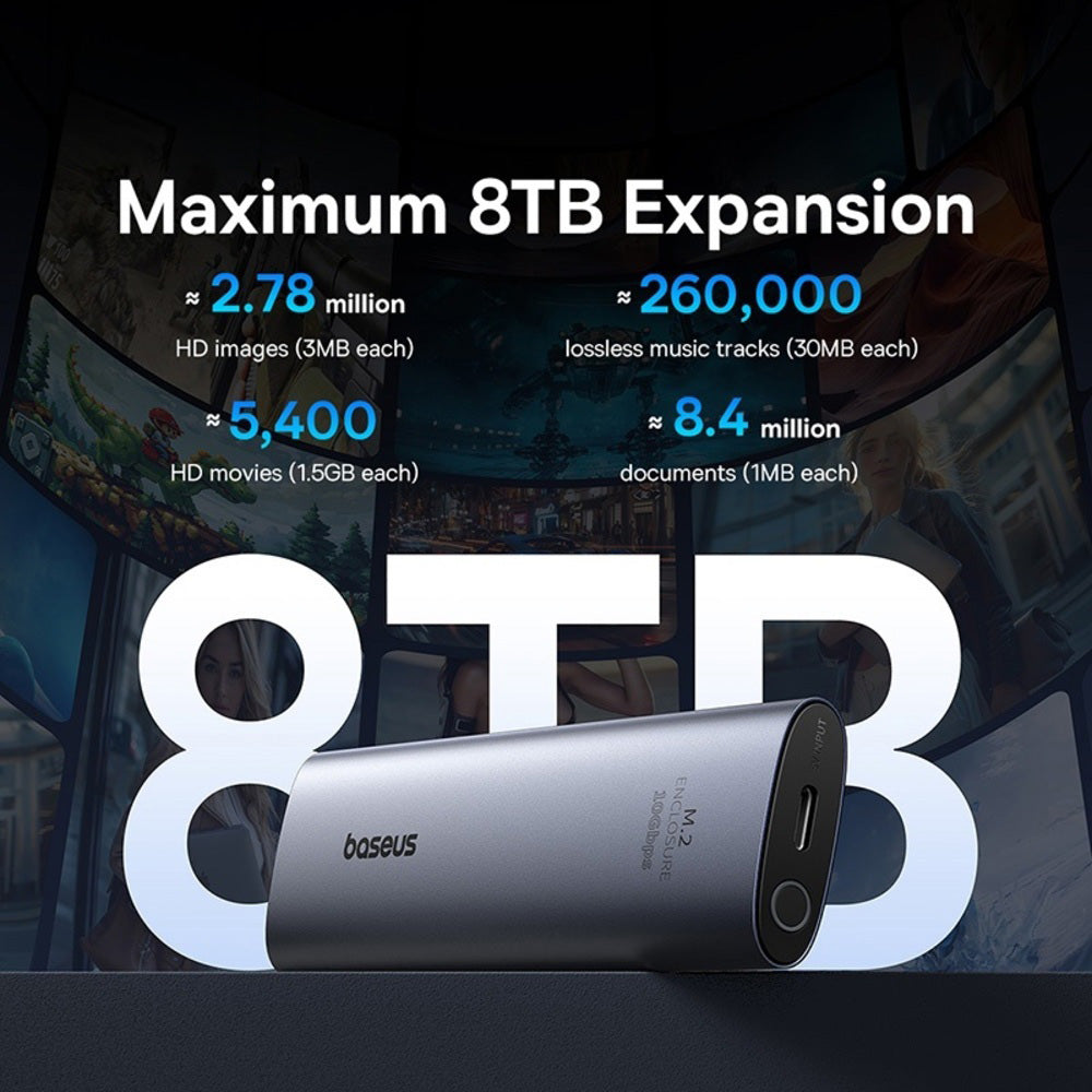 A silver Baseus portable power bank shown on a dark promotional graphic with large white '8TB' text and text stating 'Maximum 8TB Expansion' plus storage capacity comparisons.