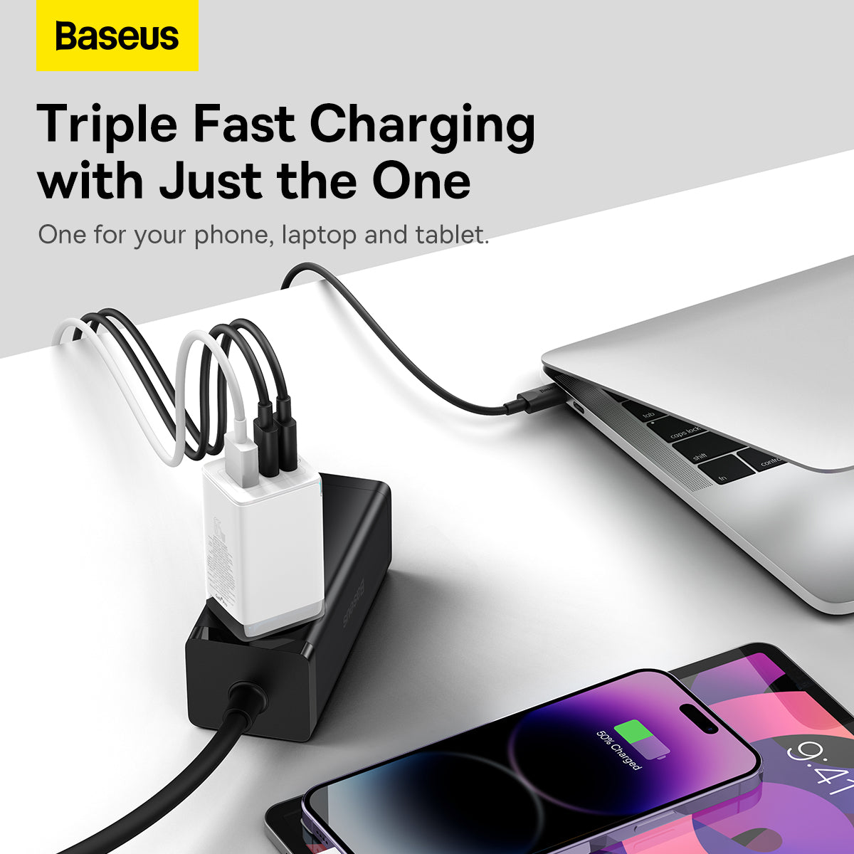 Baseus GaN5 Pro 65W Fast Charger with 3 Ports, 2 USB-C + USB-A EU - White