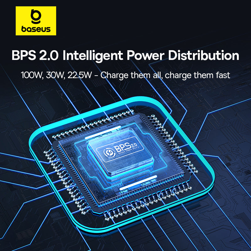 Electronic component with BPS 2.0 branding on a dark background, featuring baseus logo.
