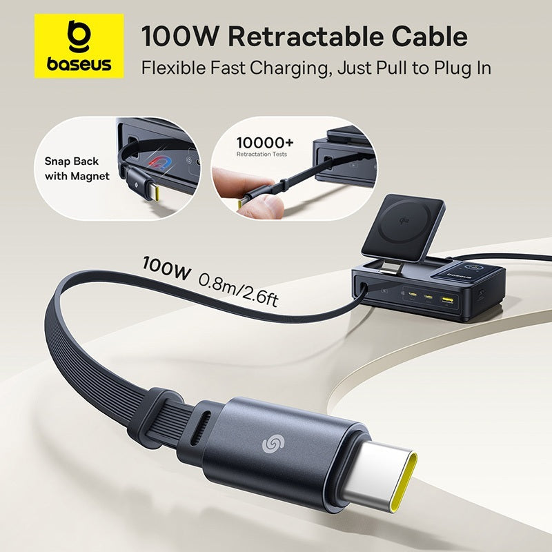 Baseus 100W retractable cable with charging station on a light background