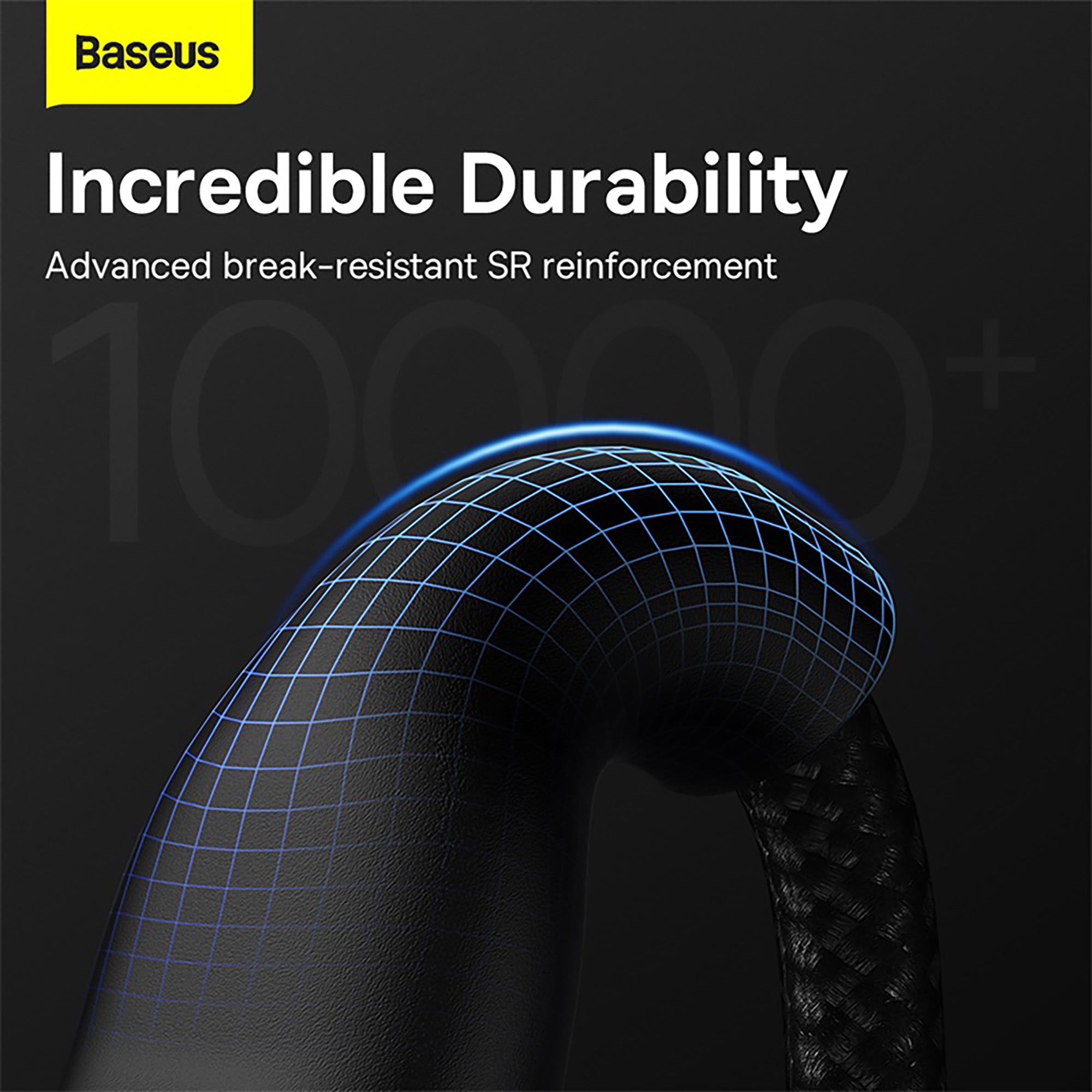 Baseus product graphic showing a black textured handlebar or grip with a blue wireframe grid overlay and the text 'Incredible Durability' and 'Advanced break-resistant SR reinforcement' on a dark background.