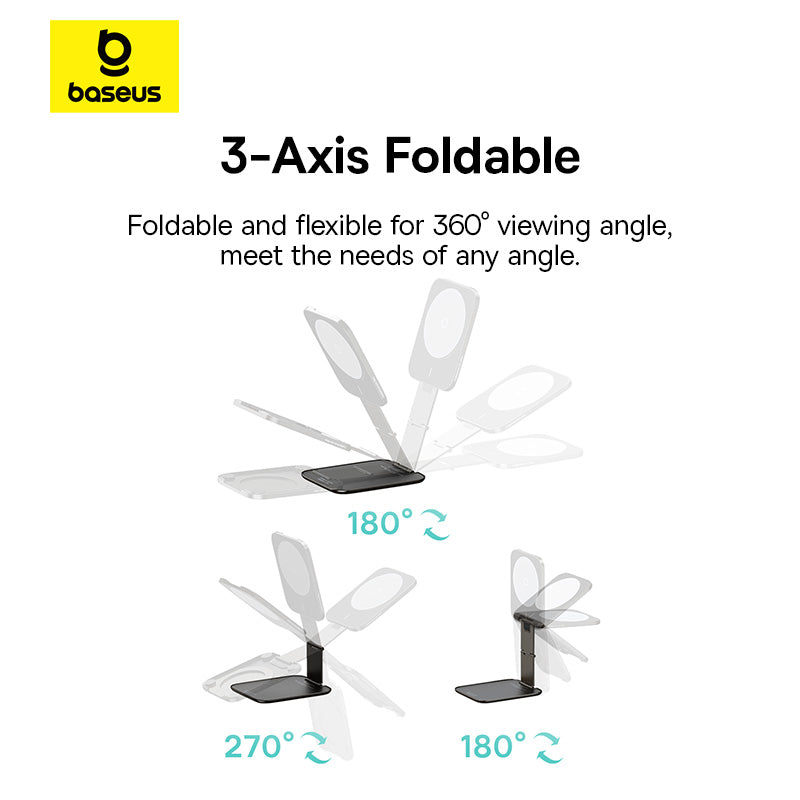 Baseus 3-axis foldable product with 360-degree viewing angle on a white background