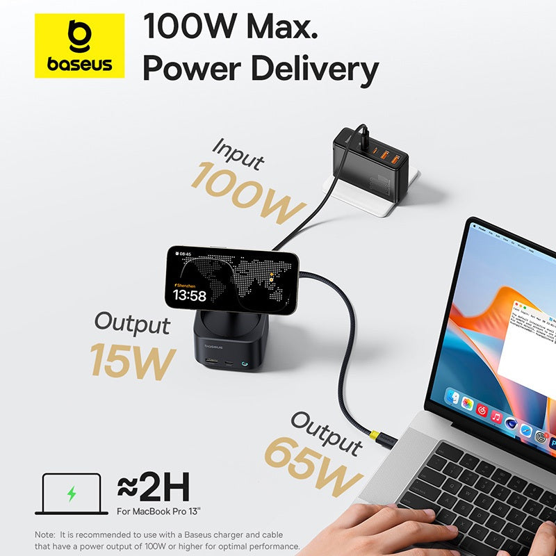 Baseus power adapter with smartphone and laptop on a white background