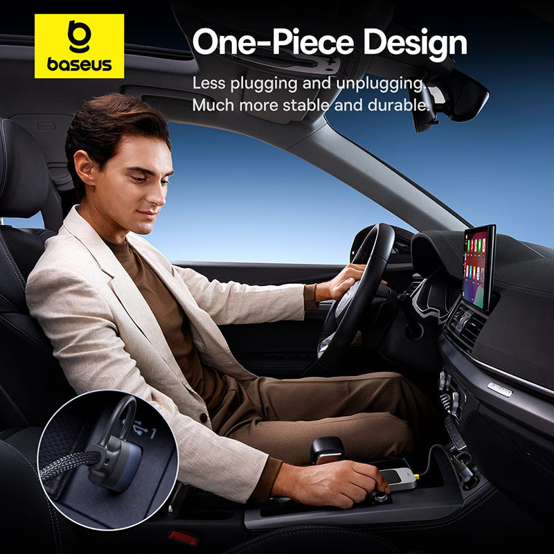 Man driving a car with a phone holder and baseus logo on a black background