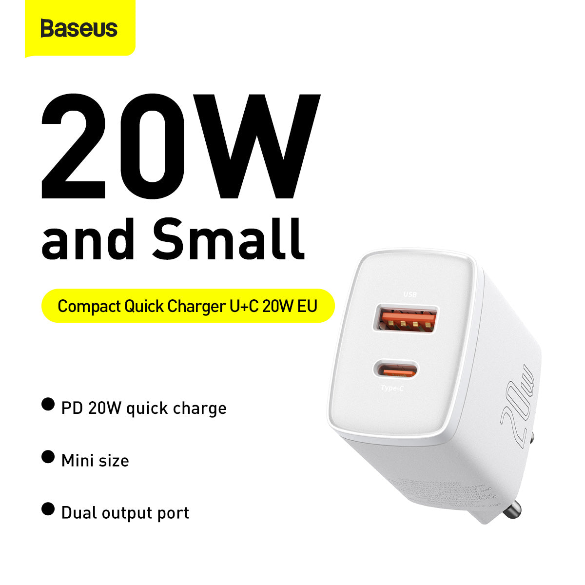 Baseus Compact Fast Charger with 1 USB-A and 1 USB Type-C 20W EU White