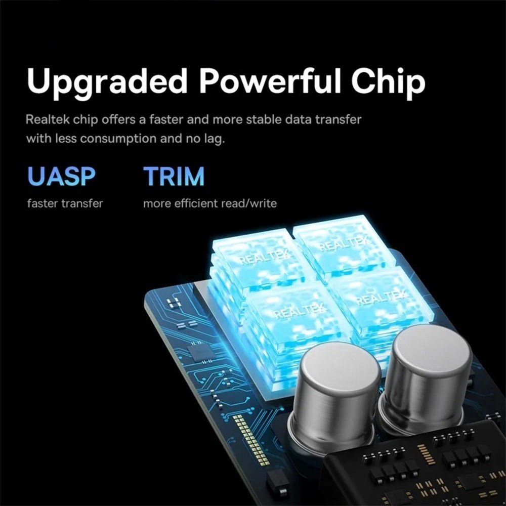 Promotional graphic for a Realme chip upgrade, showing a close-up of a circuit board with glowing blue translucent memory modules and silver cylindrical components on a black background. Text reads 'Upgraded Powerful Chip' with 'UASP' and 'TRIM' labels.