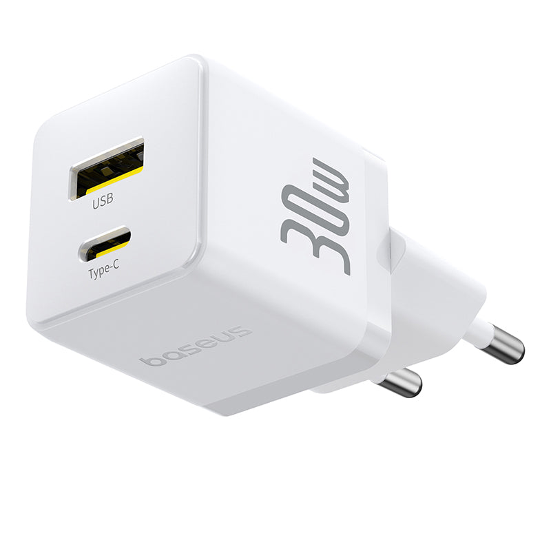 White power adapter with USB and Type-C ports on a white background