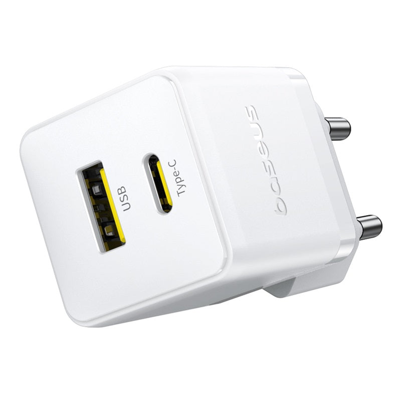 White power adapter with USB and Type-C ports on a white background