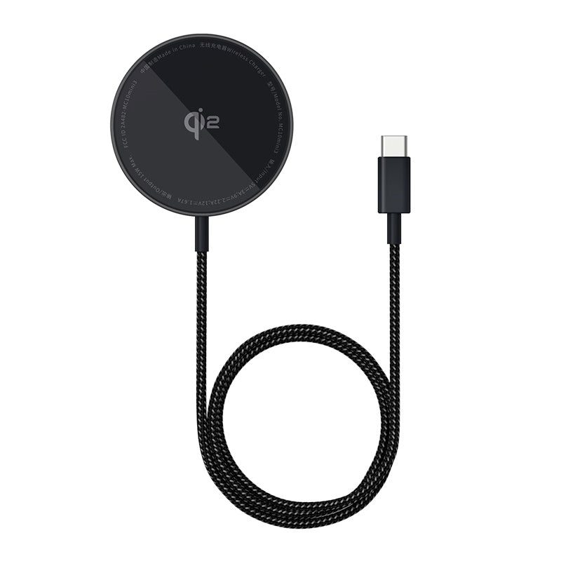 Black wireless charging pad with USB-C cable on a white background