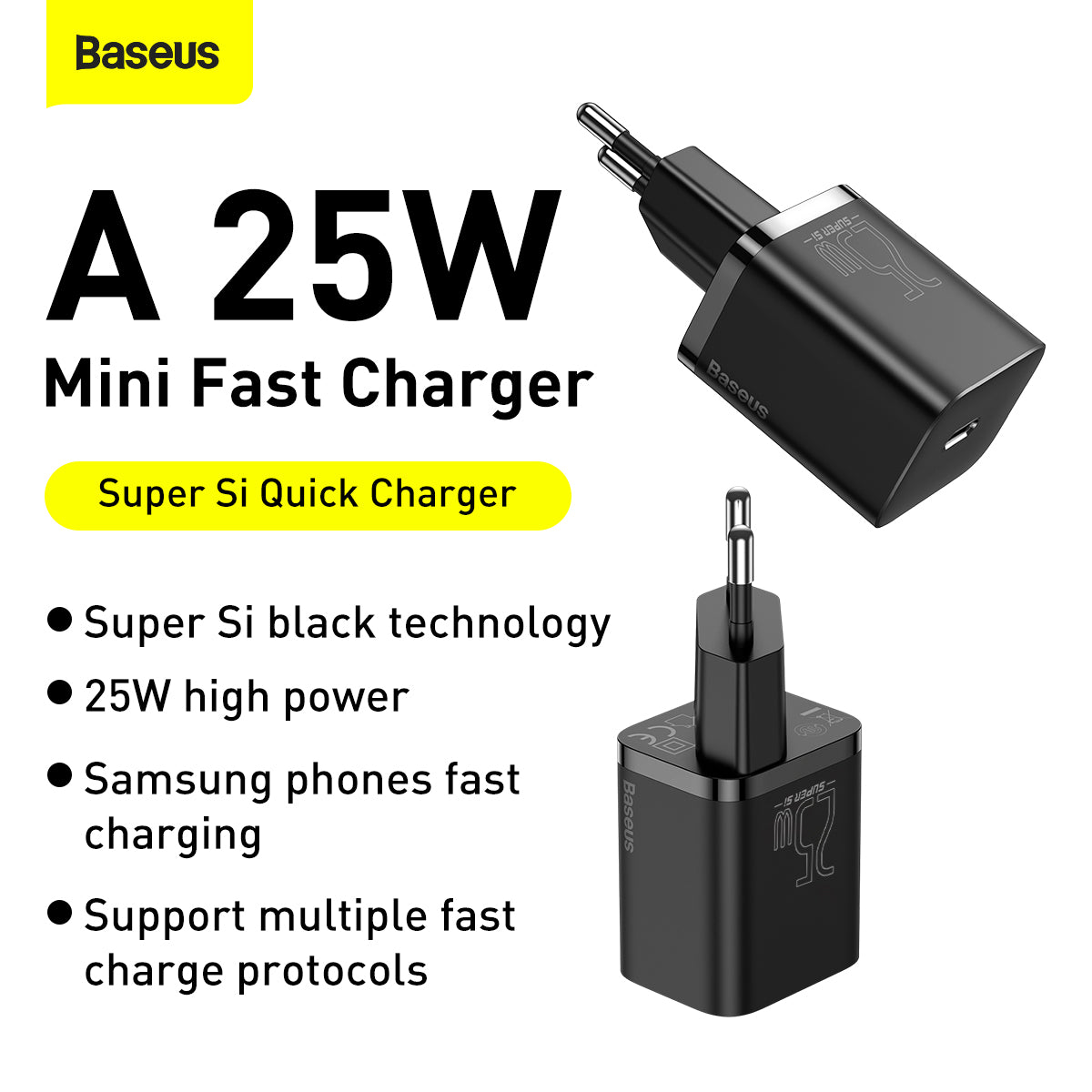 Baseus Super Si 25W Quick Charger and 1M Type C to Type C Cable - Black