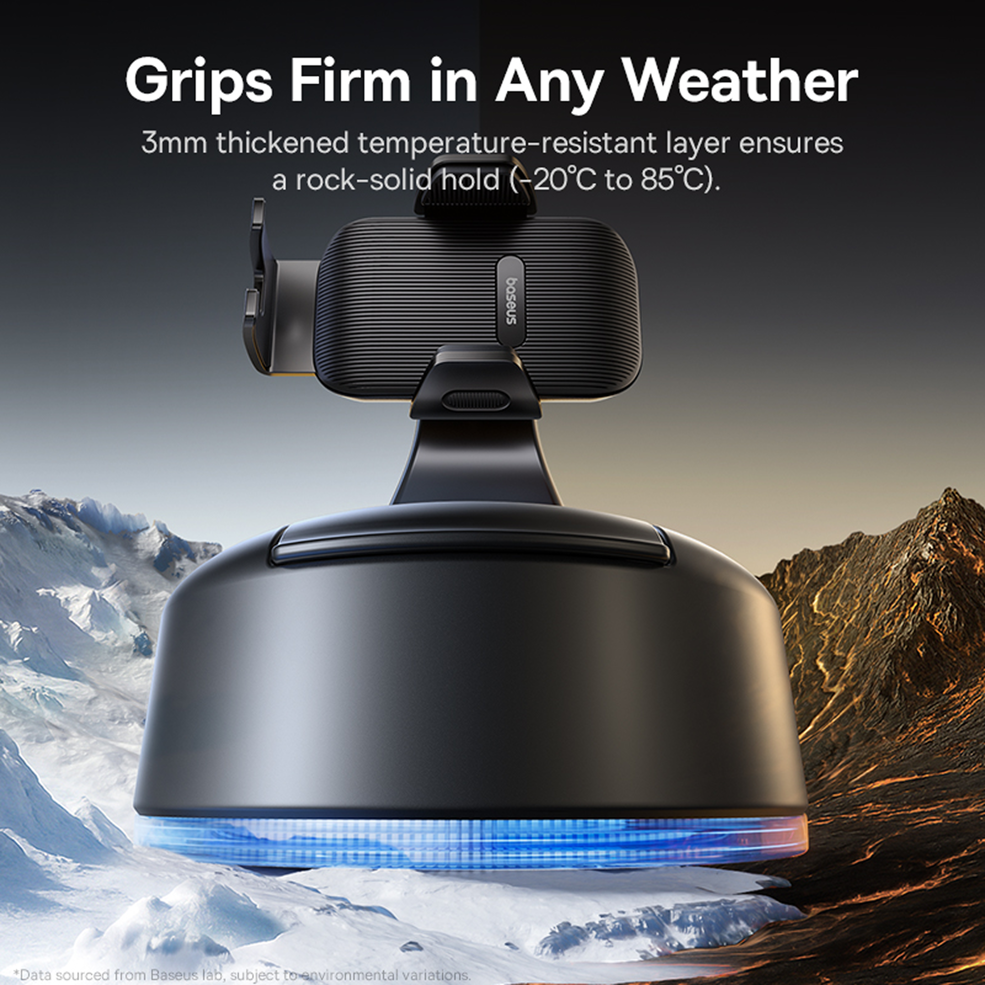 Phone holder with mountain and desert background, emphasizing weather resistance.