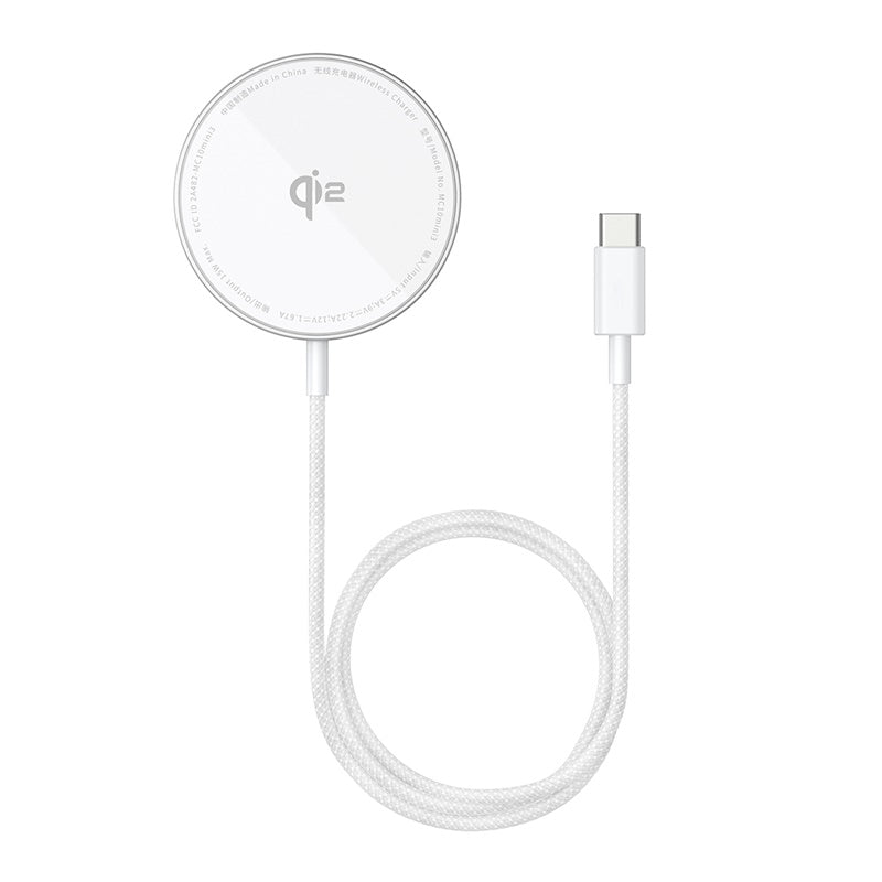 White wireless charging pad with USB-C connector on a white background