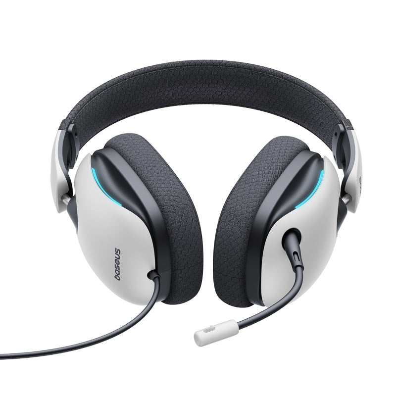 White gaming headset with black accents on a white background