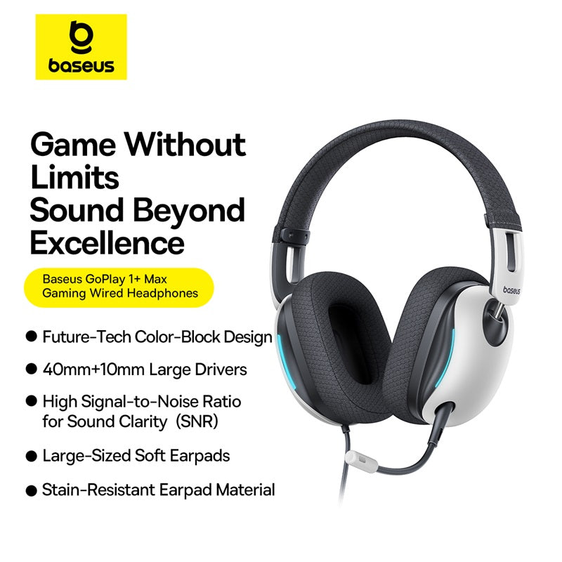 Baseus gaming headphones with features listed on a white background