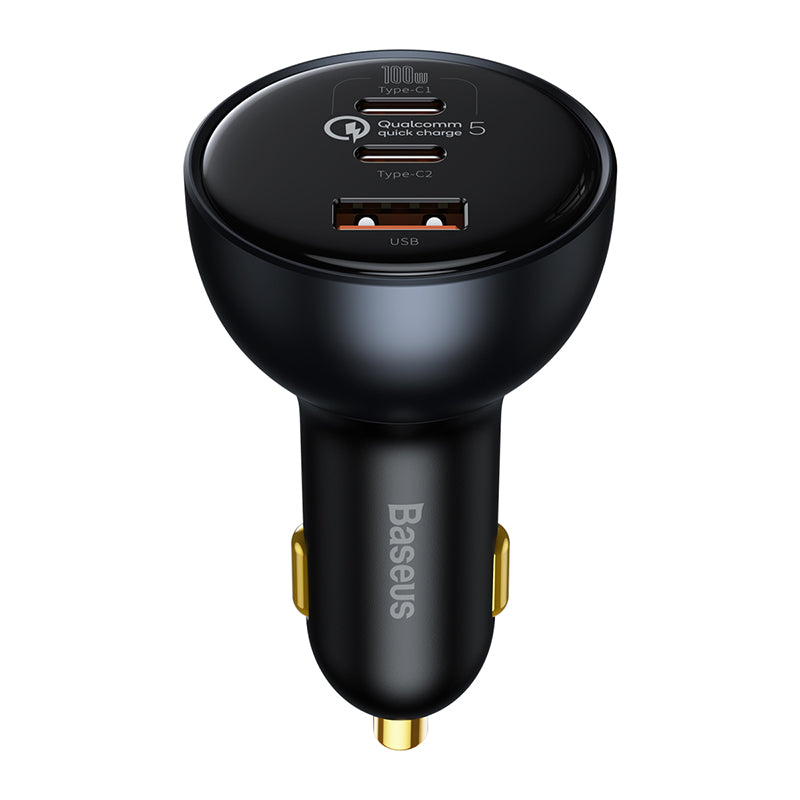 Black car charger with multiple ports on a white background, featuring the Baseus brand.