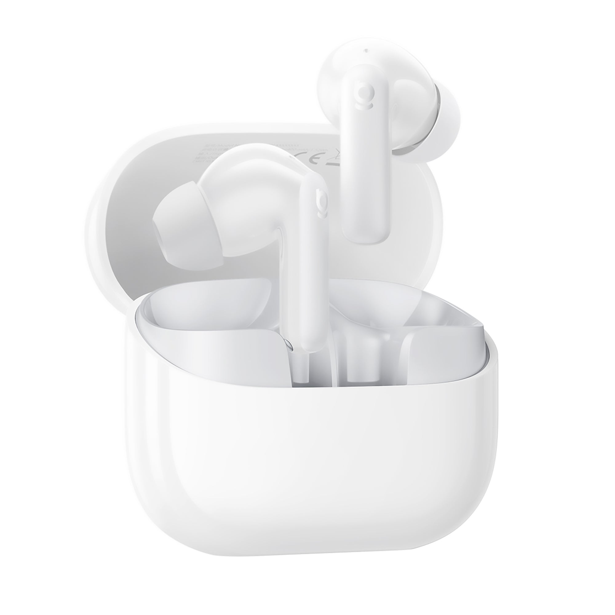 White wireless earbuds with charging case on a white background