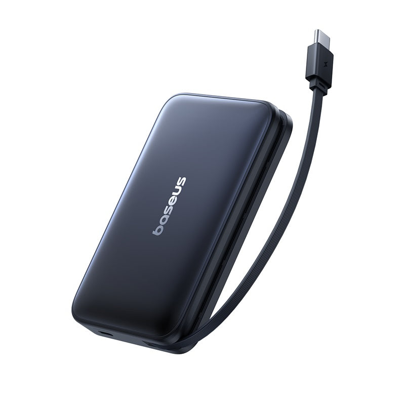 Baseus PicoGo Qi2 Power Bank with Built-in USB-C Cable 10000mAh 27W Back view Cosmic Black on white background