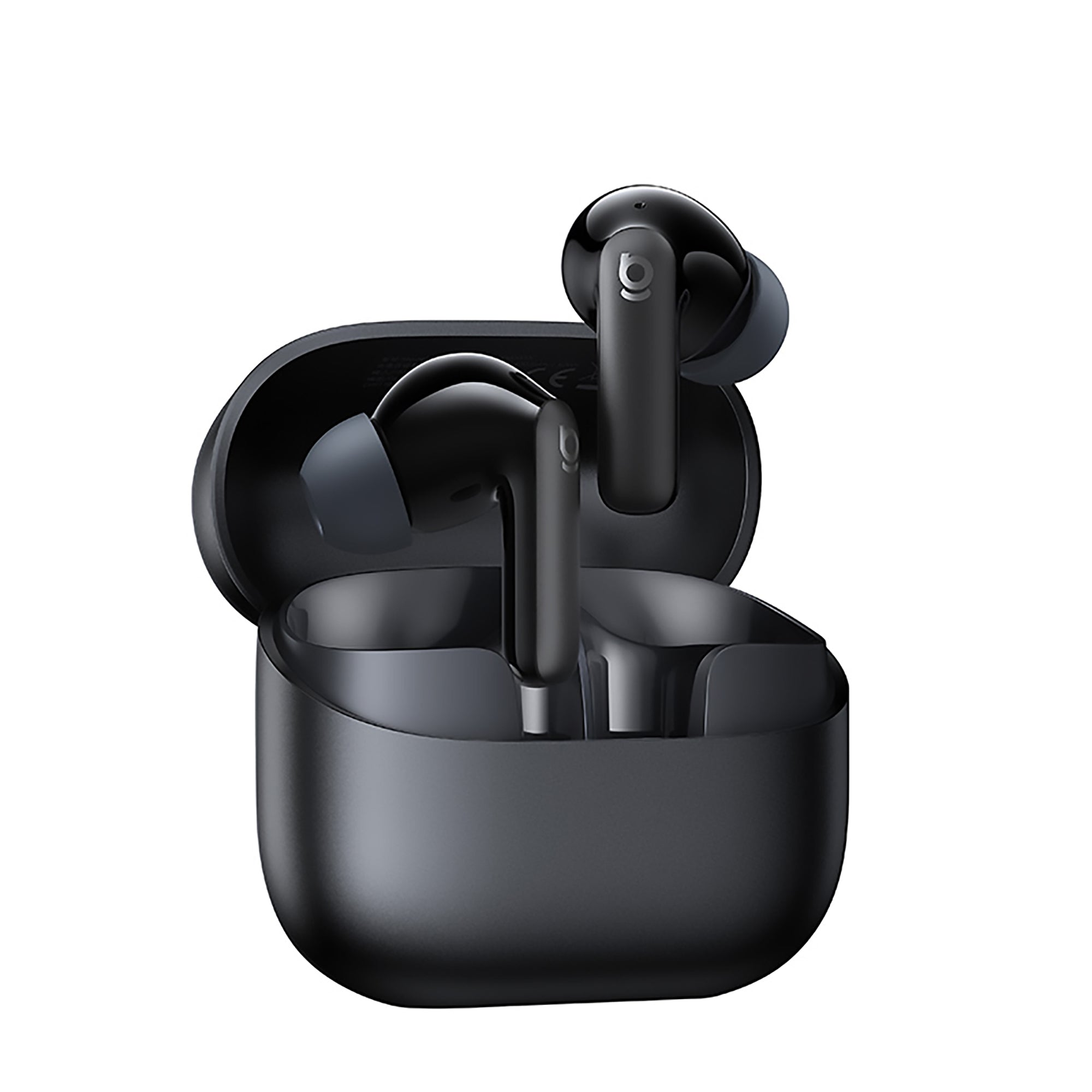 Black wireless earbuds with charging case on a white background