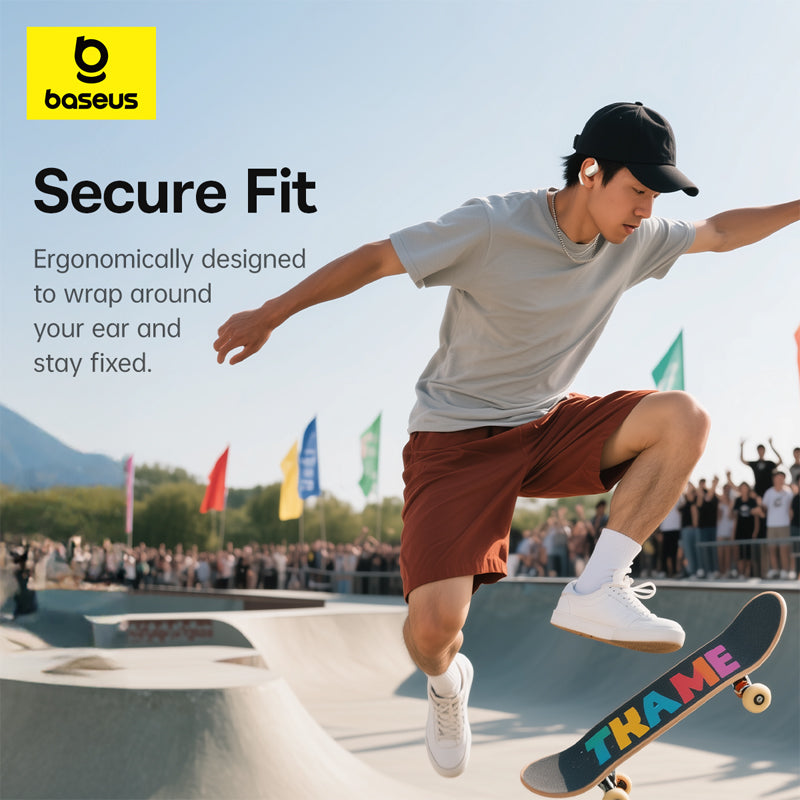 Person skateboarding with Baseus earbud advertisement text overlay