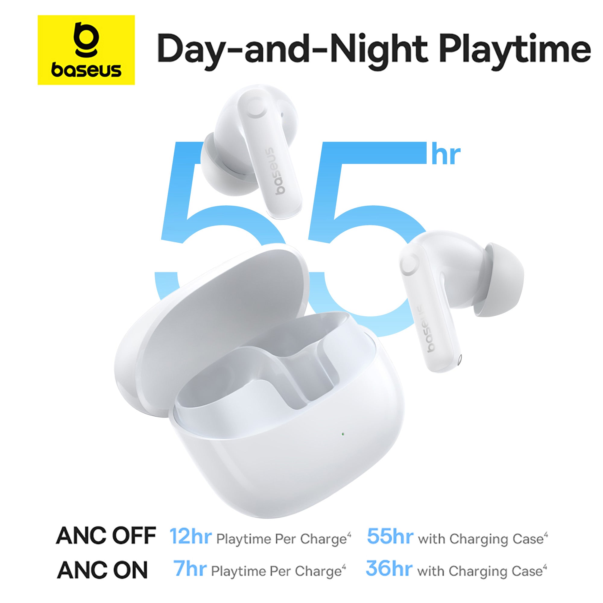 Baseus white true wireless earbuds with an open charging case on a white background, featuring text that reads 'Day-and-Night Playtime' and '55 hr' with additional battery comparison details.