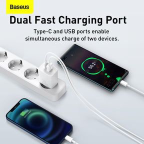 Baseus Compact Fast Charger with 1 USB-A and 1 USB Type-C 20W EU White