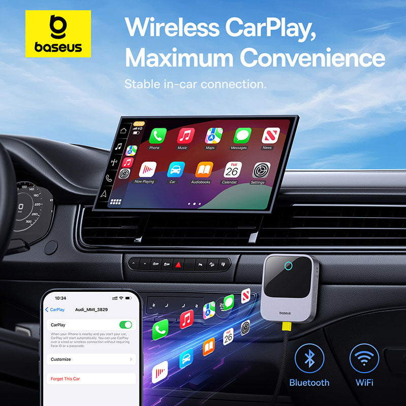 Baseus wireless CarPlay device in a car dashboard with smartphone display.