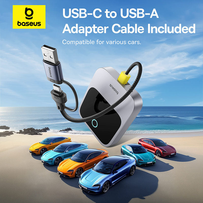 Baseus USB-C to USB-A adapter cable with cars on a beach background