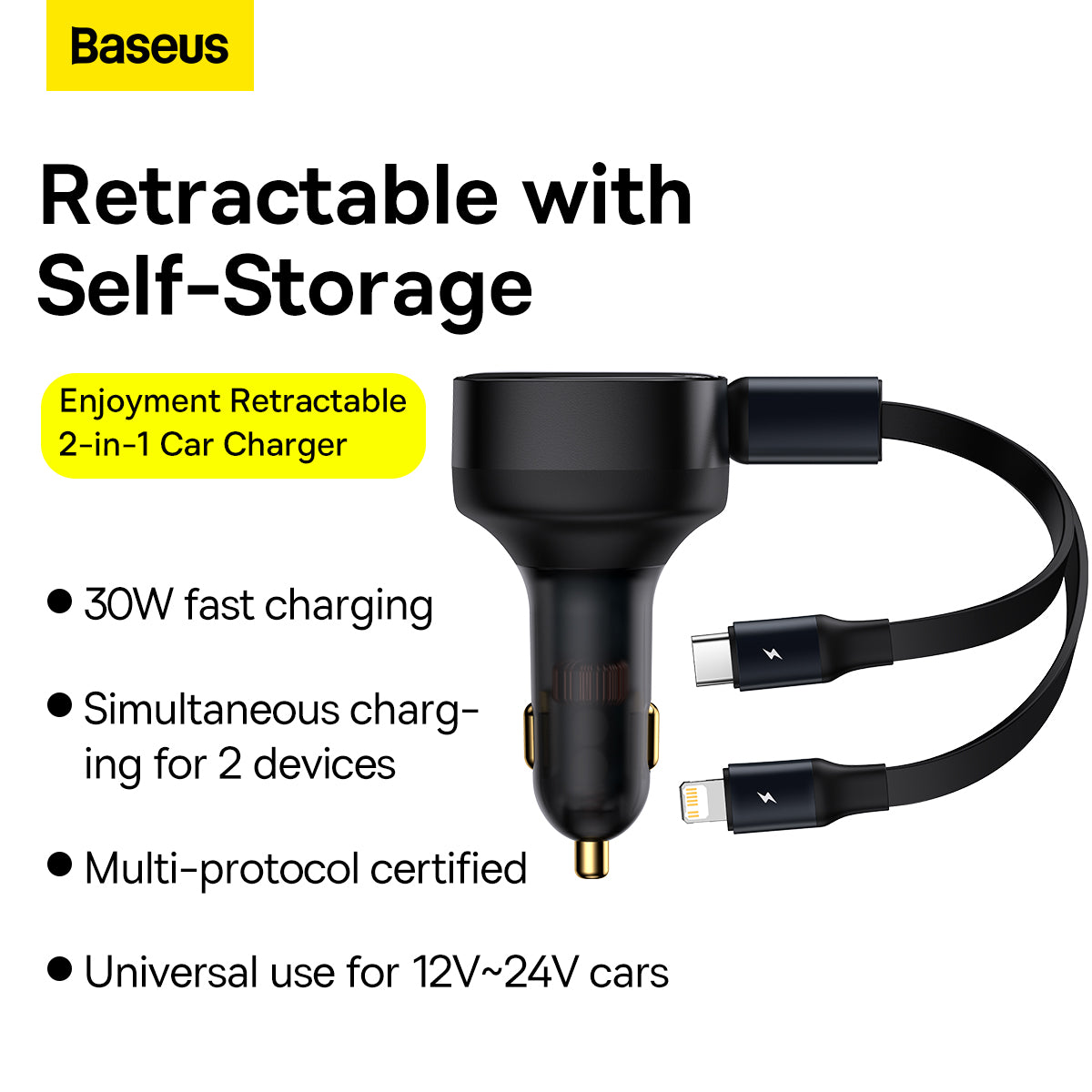 Baseus Enjoyment Series Retractable 2-in-1 30W Car Charger