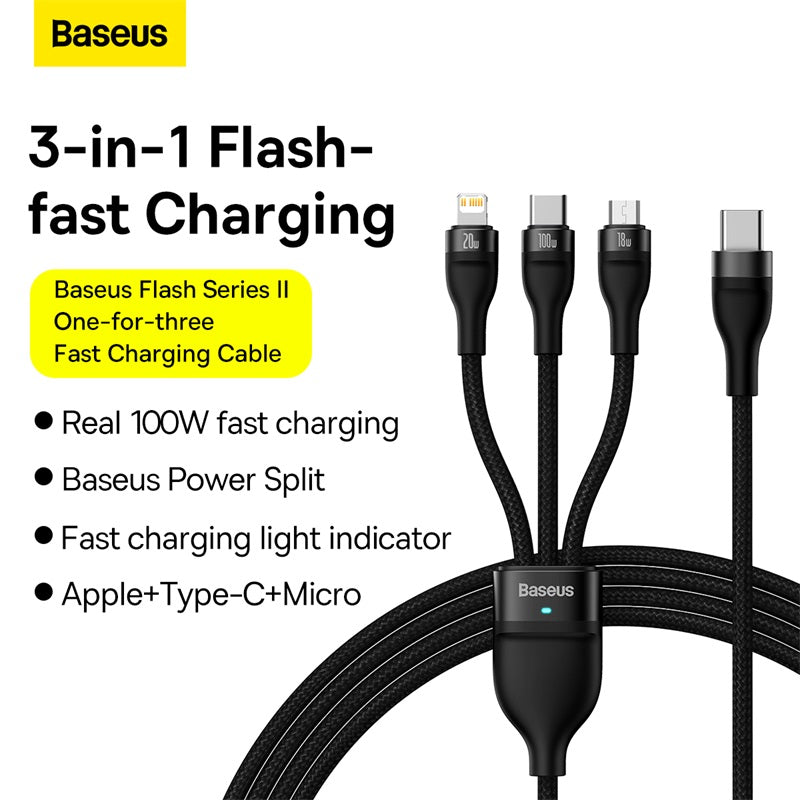 Baseus Flash Series Ⅱ One-for-three Fast Charging Cable Type-C to M+L+C 100W 1.5m Black