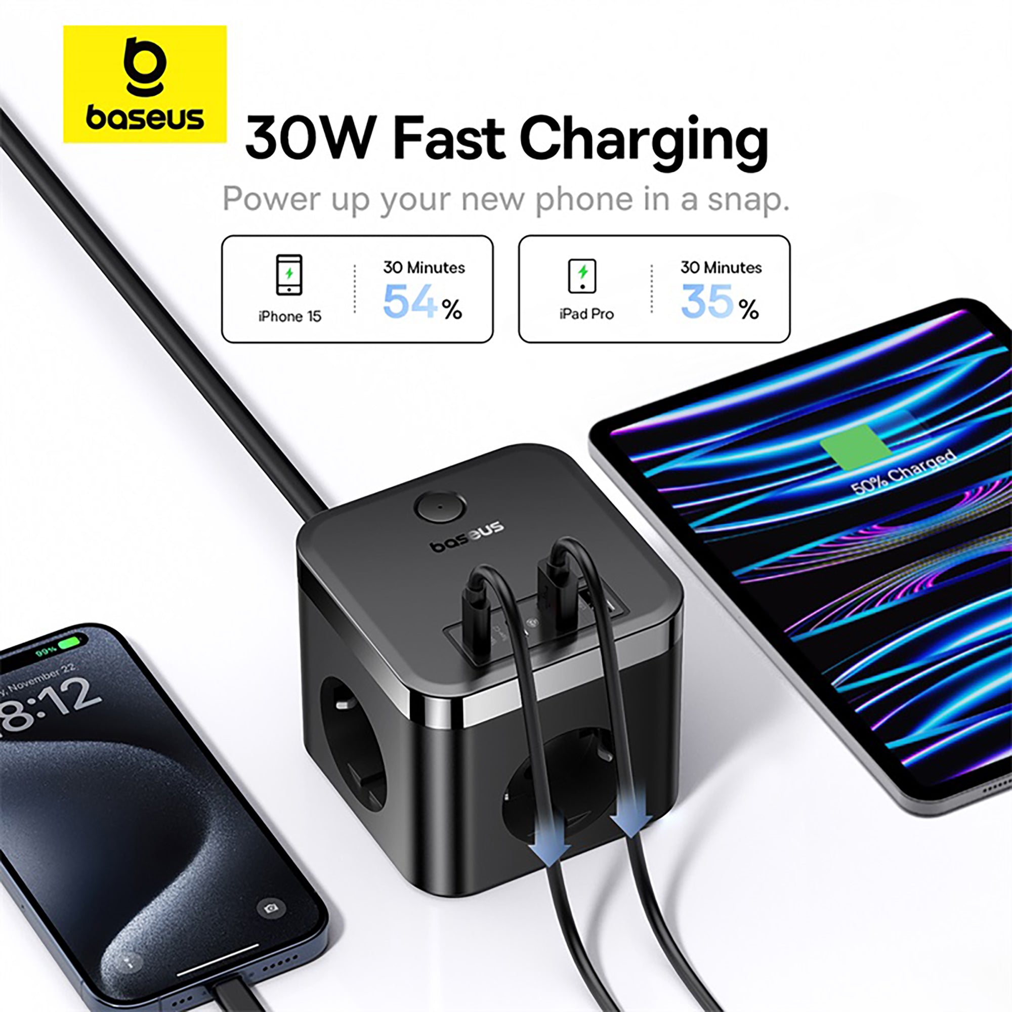 Baseus PowerCombo Cube Power Strip 3AC+2U+2C 30W 1.5m EU