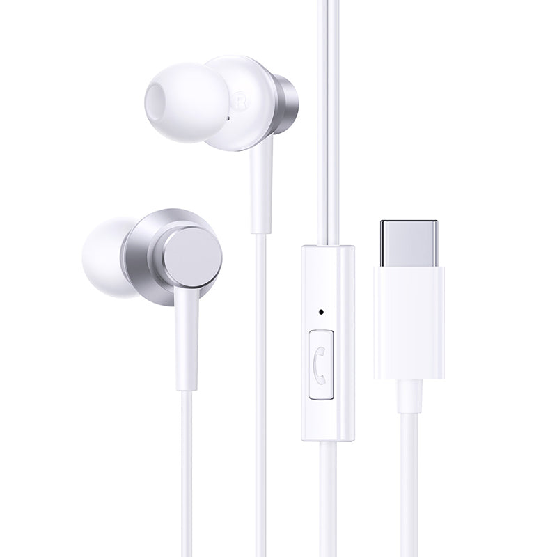 White in-ear earphones with a silver-toned metal accent on the earbuds, a white inline remote control, and a white USB-C charging cable, shown against a solid white background.