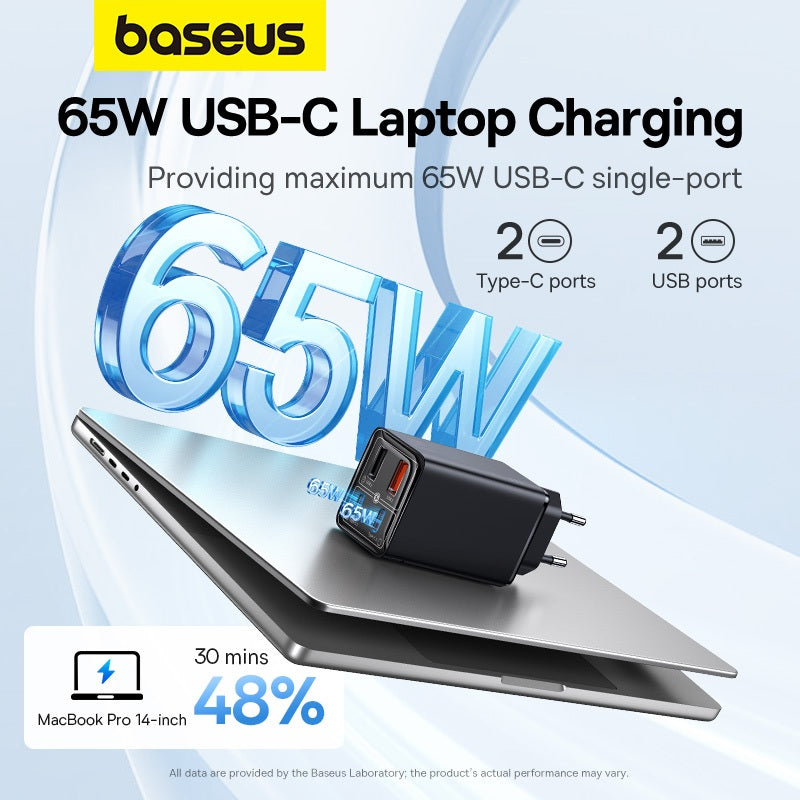 Baseus 65W USB-C laptop charging adapter with a laptop on a light blue background