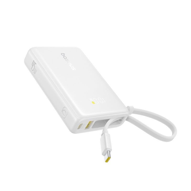 White power bank with a cable on a white background