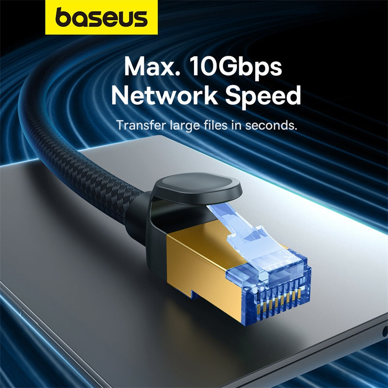 Baseus braided CAT7 LAN cable connected to a router