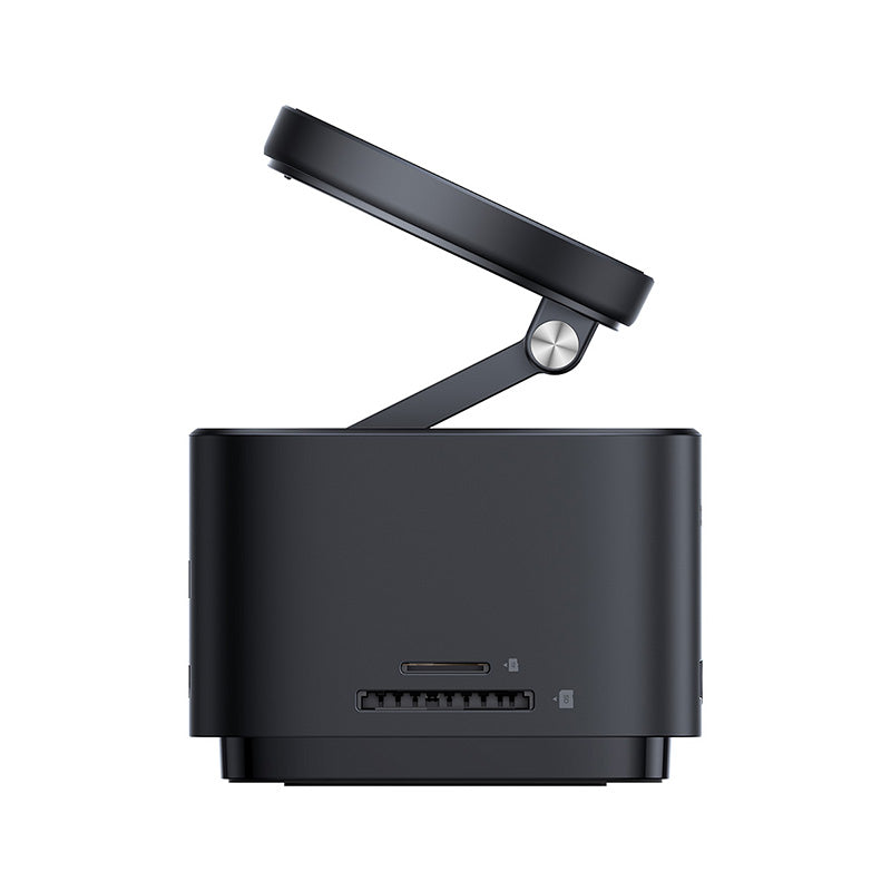 Black electronic device with a swiveling screen on a white background