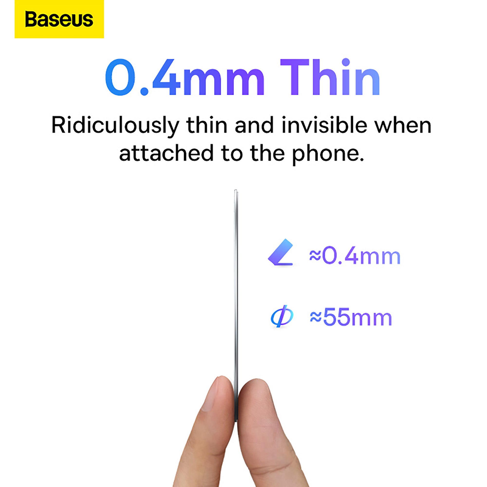 Thin object held between fingers with text about its thickness and visibility, featuring the Baseus brand.