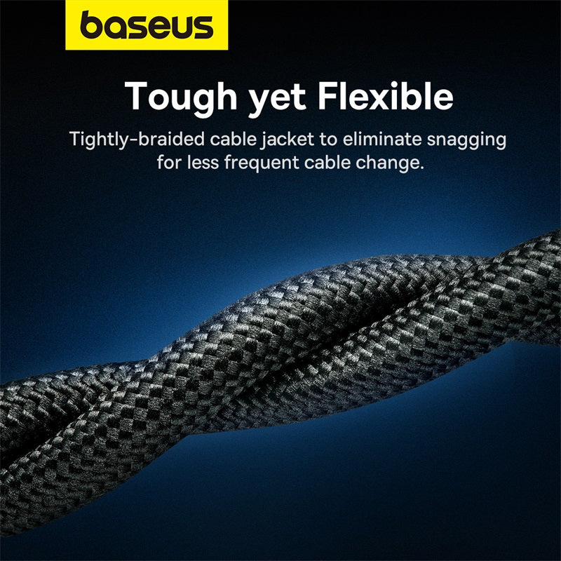 A close-up of a braided black cable jacket with a dark blue gradient background and the Baseus logo at the top. Text reads 'Tough yet Flexible' with a descriptive slogan about eliminating cable snagging.