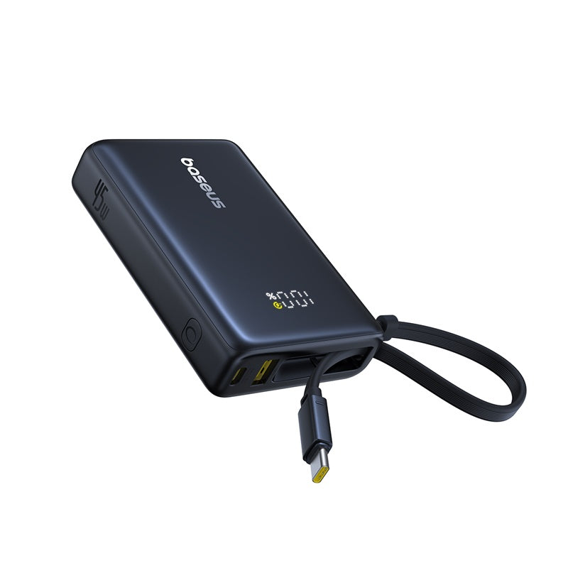 Black power bank with USB cable on a white background