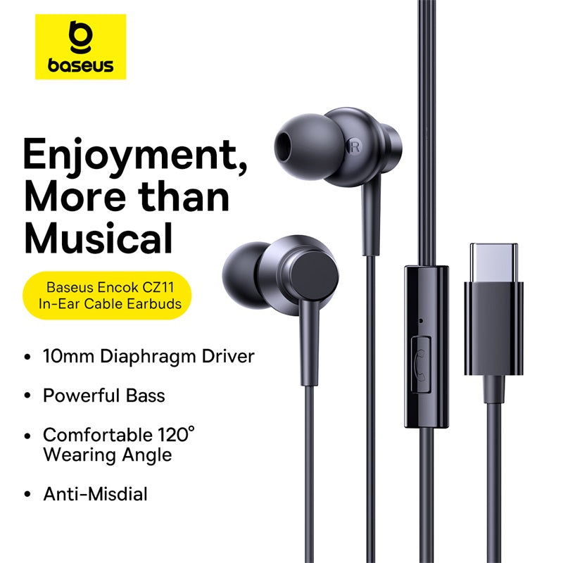 Baseus EncoK CZ11 in-ear cable earbuds with USB-C connector on a white background