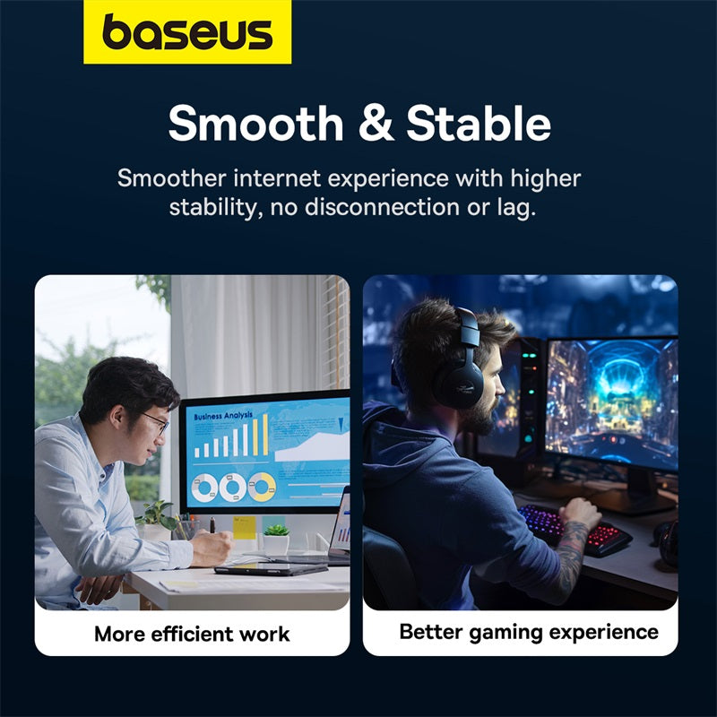 Baseus promotional graphic with the brand logo at top left and the headline 'Smooth & Stable.' The text claims smoother internet experience with higher stability, no disconnection or lag.