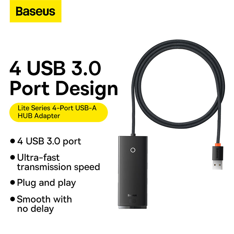 Baseus 4-Port USB 3.0 Hub Adapter with cable on a white background
