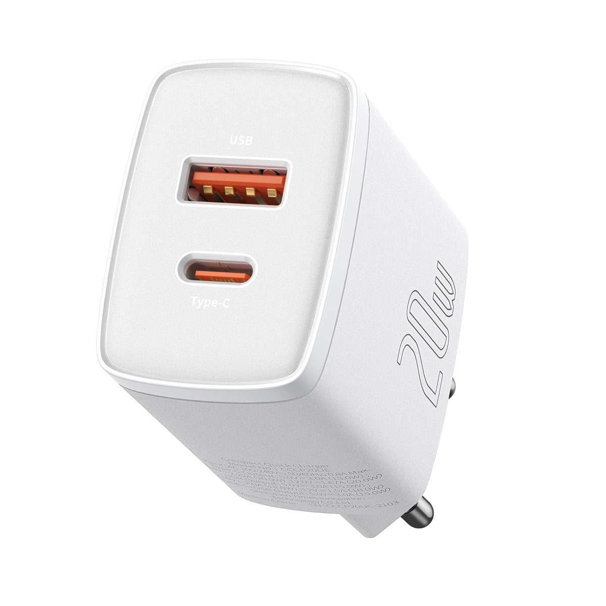 Baseus Compact Fast Charger with 1 USB-A and 1 USB Type-C 20W EU White