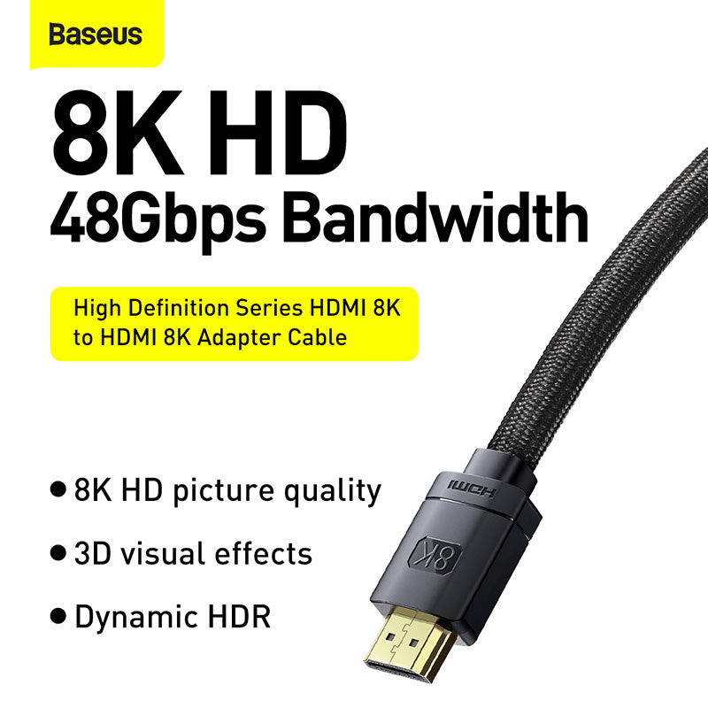 HDMI cable with 8K HD and 48Gbps bandwidth features on a white background