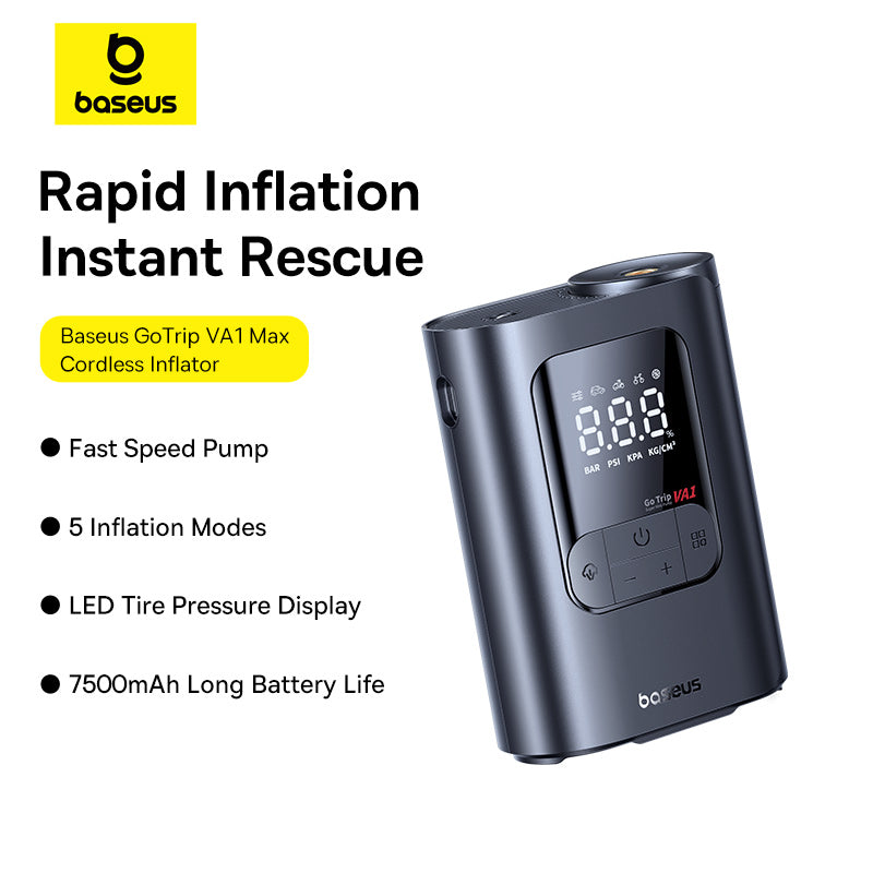 Baseus GoTrip VA1 Max cordless tire inflator shown on a white background with product text and feature callouts. The device is dark gray/black with a digital LED pressure display and control buttons on the front.