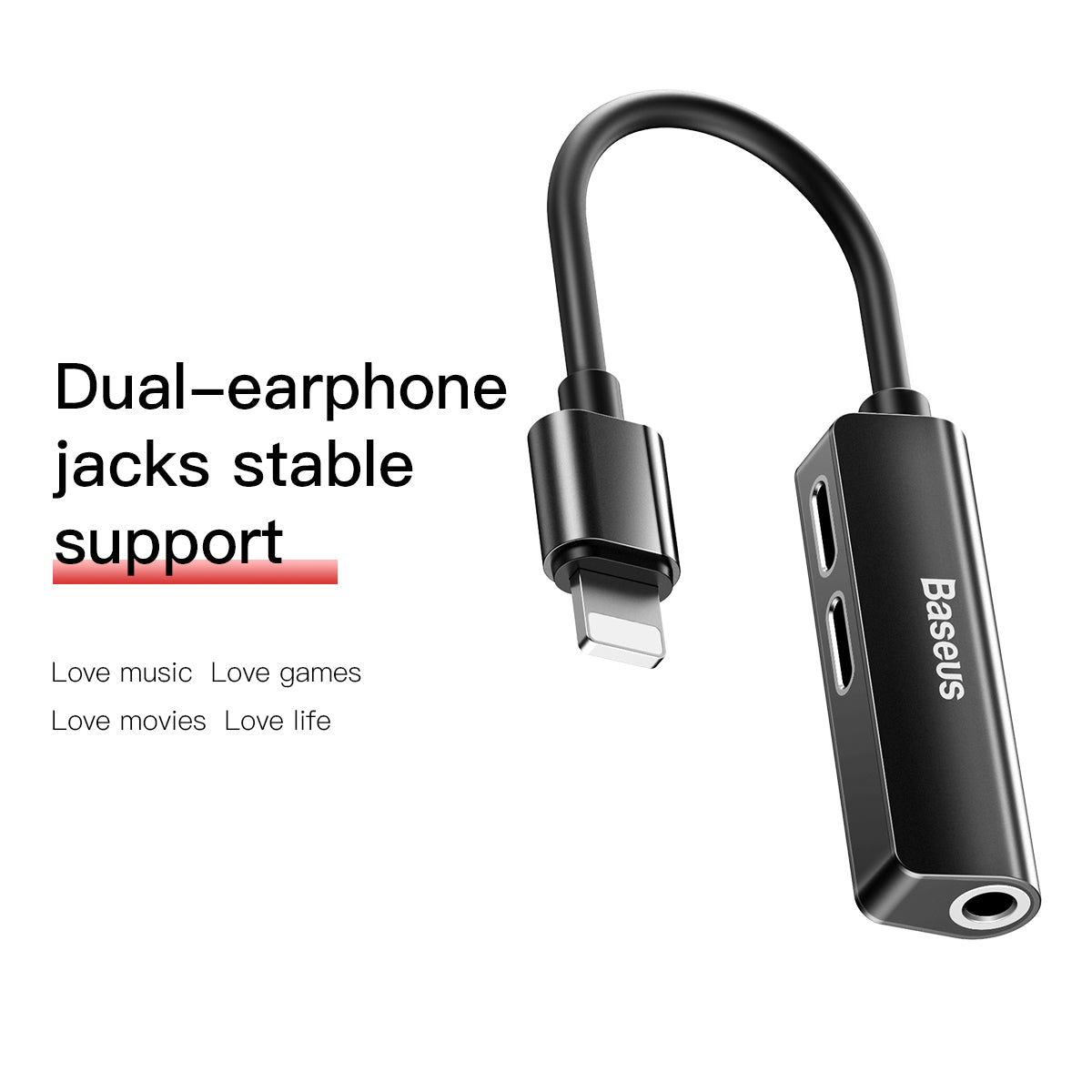 Baseus L52 3 in 1 Male iOS to Dual iOS and 3.5mm Female Audio Adapter Black