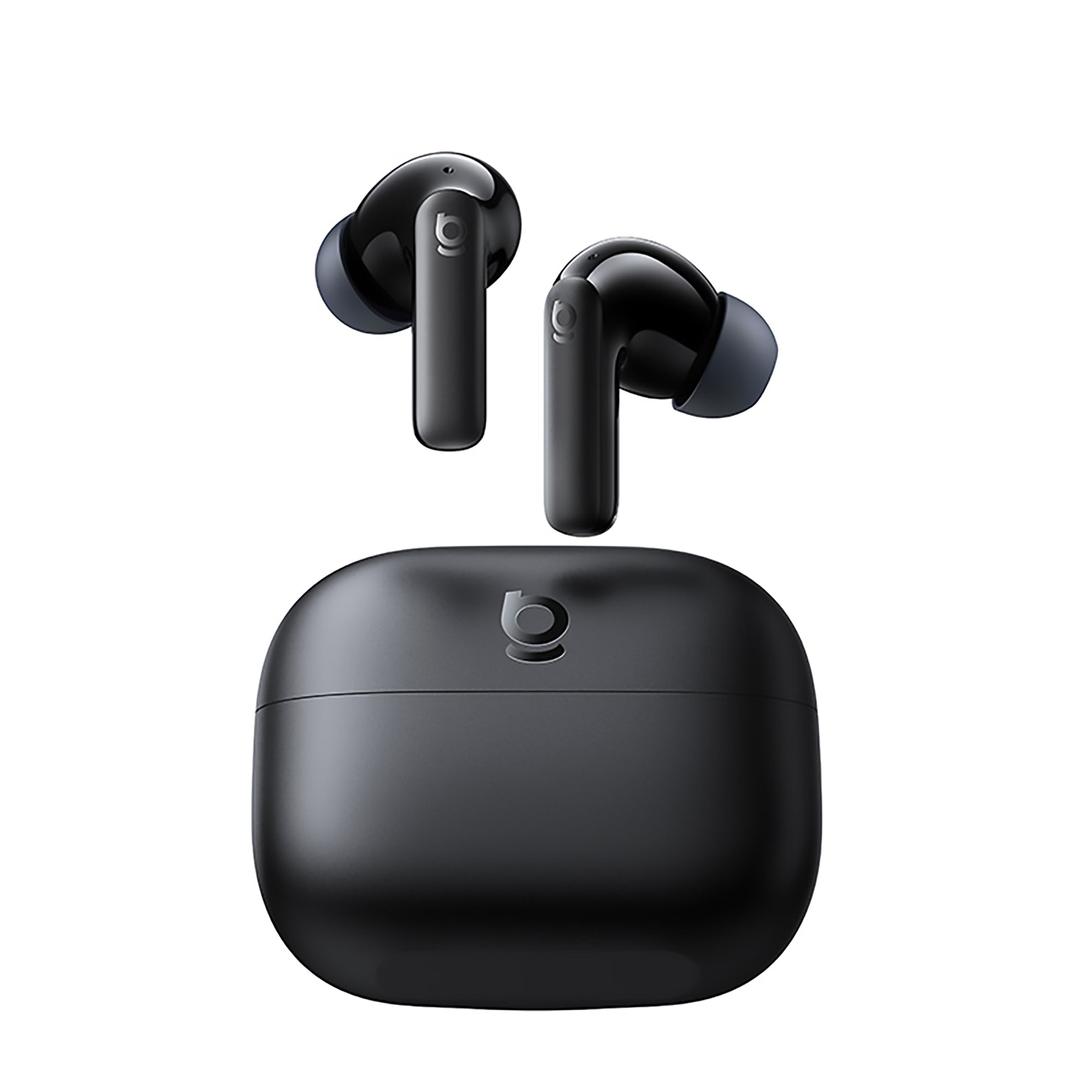Black wireless earbuds with charging case on a white background