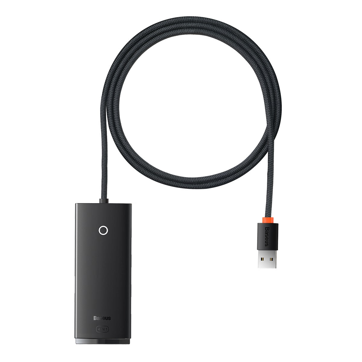 Black USB cable with a power adapter on a white background