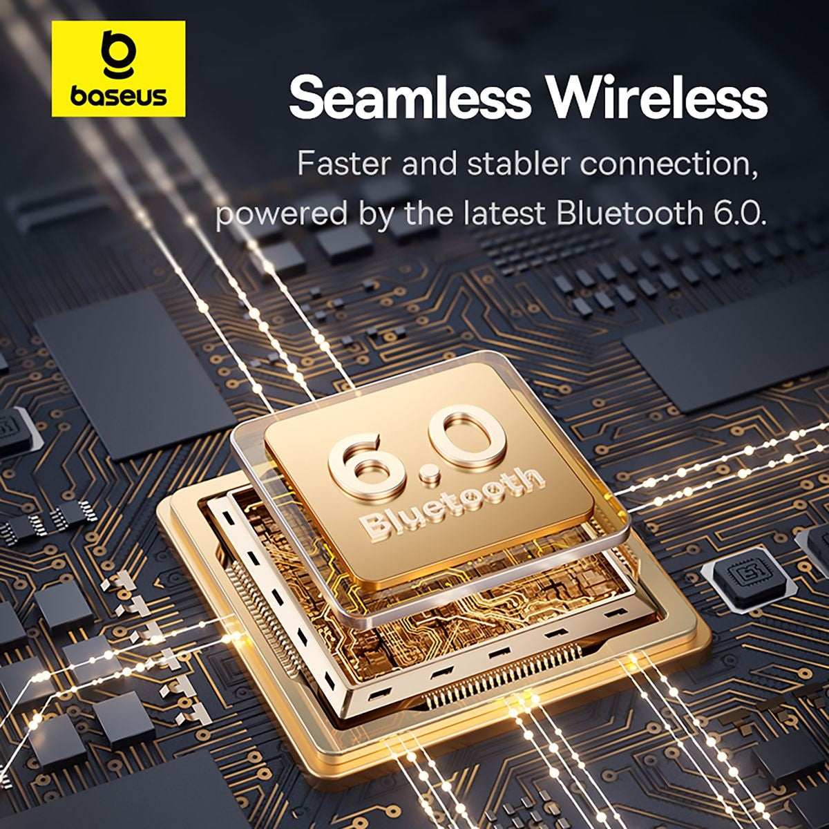 Gold Bluetooth 6.0 chip on a circuit board with Baseus branding and text about wireless connection.