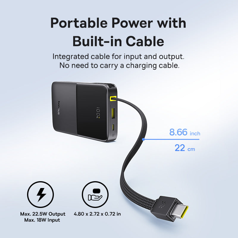 Portable power bank with built-in cable on a light blue background