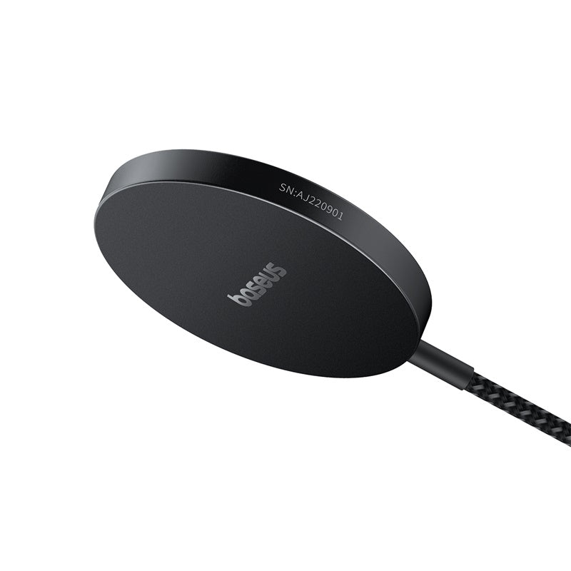Black wireless charging pad with brand logo on a white background